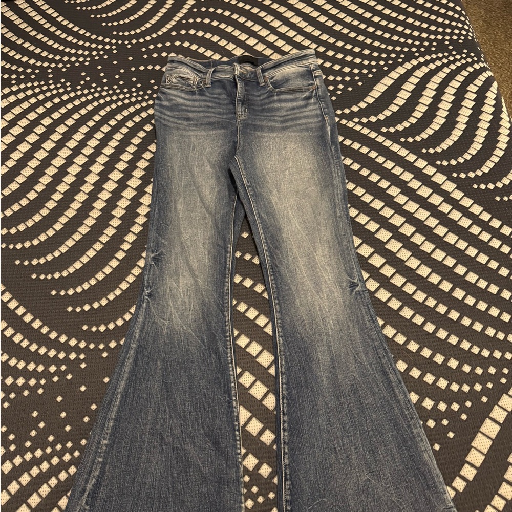 Blue Flare Wide Leg Jeans with Vintage Fading